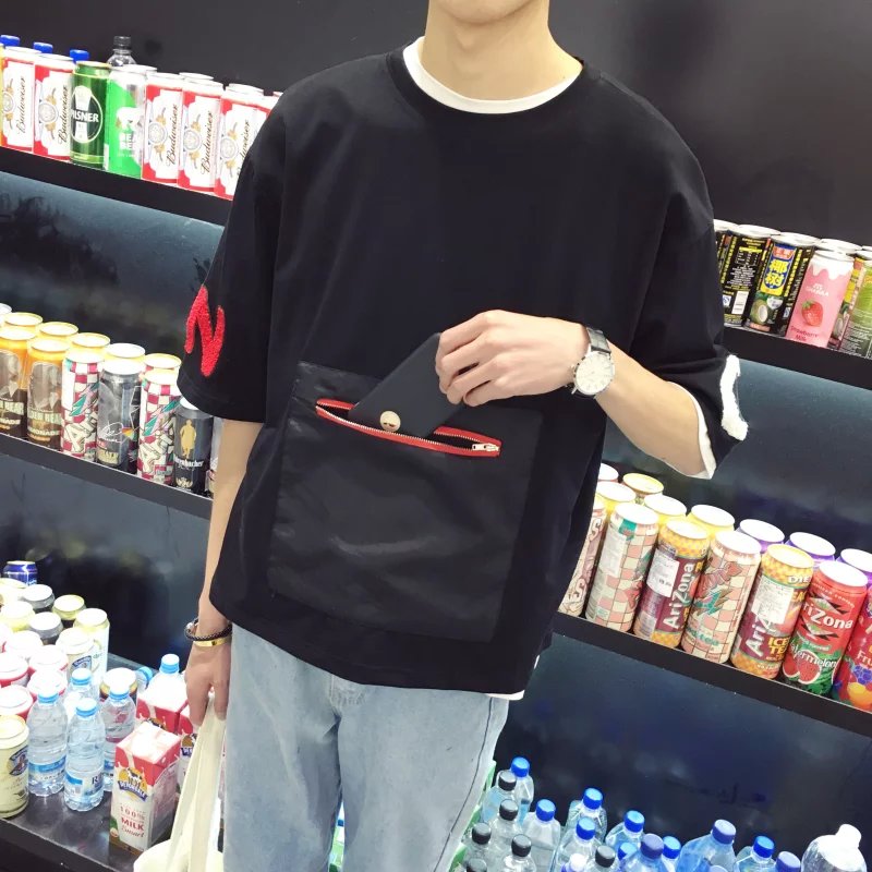 日系男女大口袋七分袖短袖男t恤女中袖寬松五分袖學生半袖上衣服
