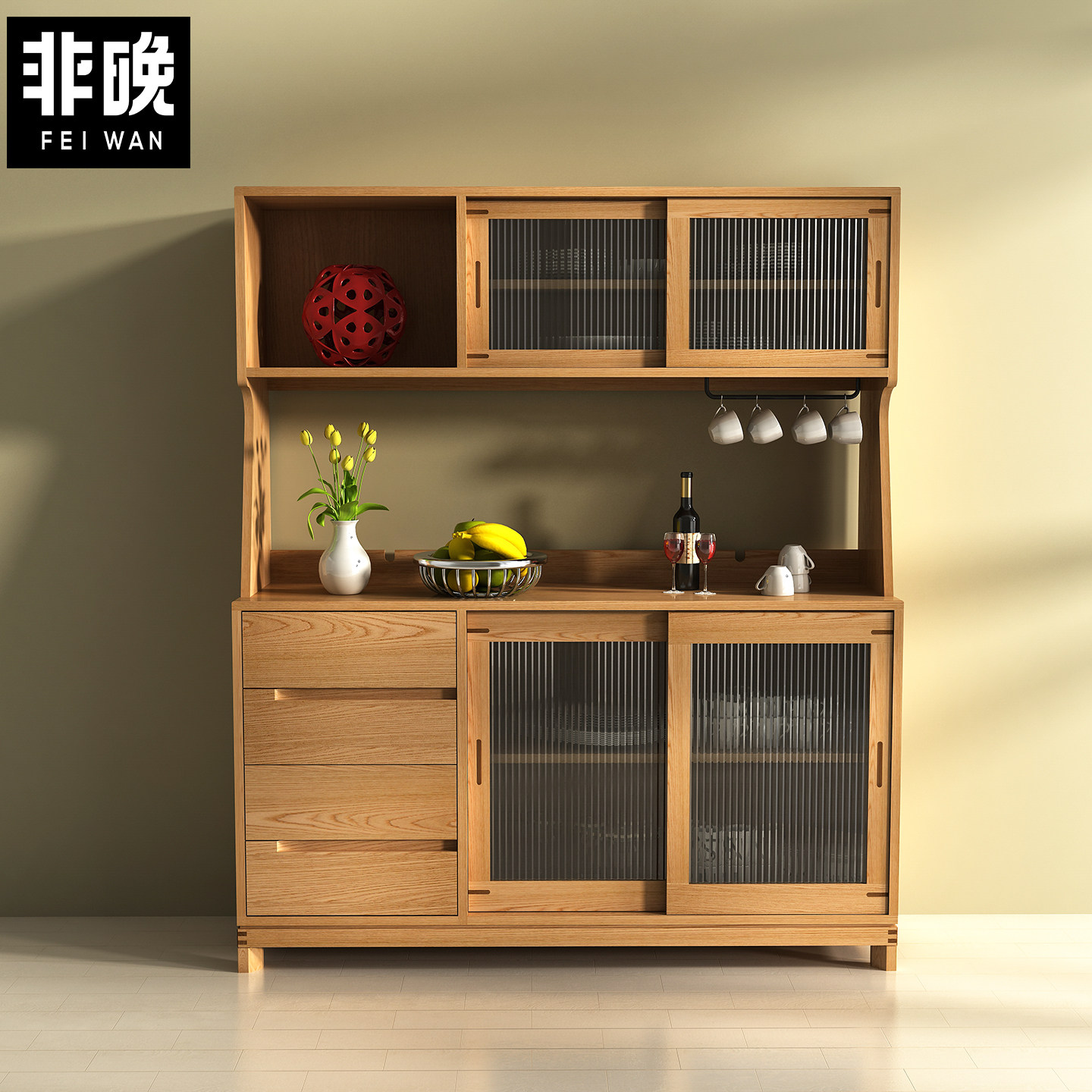 非晚白橡木餐边柜全实木储物柜玄关柜北欧备餐台茶水柜收纳柜碗柜