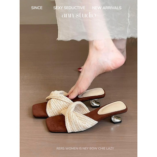 女设计感度假风方头露趾沙滩凉拖鞋 牛皮版 复古编织坡跟罗马凉鞋