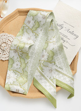 Date35th原创睡莲油画丝巾韩版小长条女发带飘带搭配衬衫领巾绑包