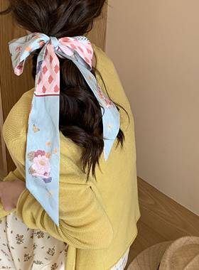 Date35th归蓝赋小丝巾女百搭长条编发扎马尾发带飘带细窄领巾春秋