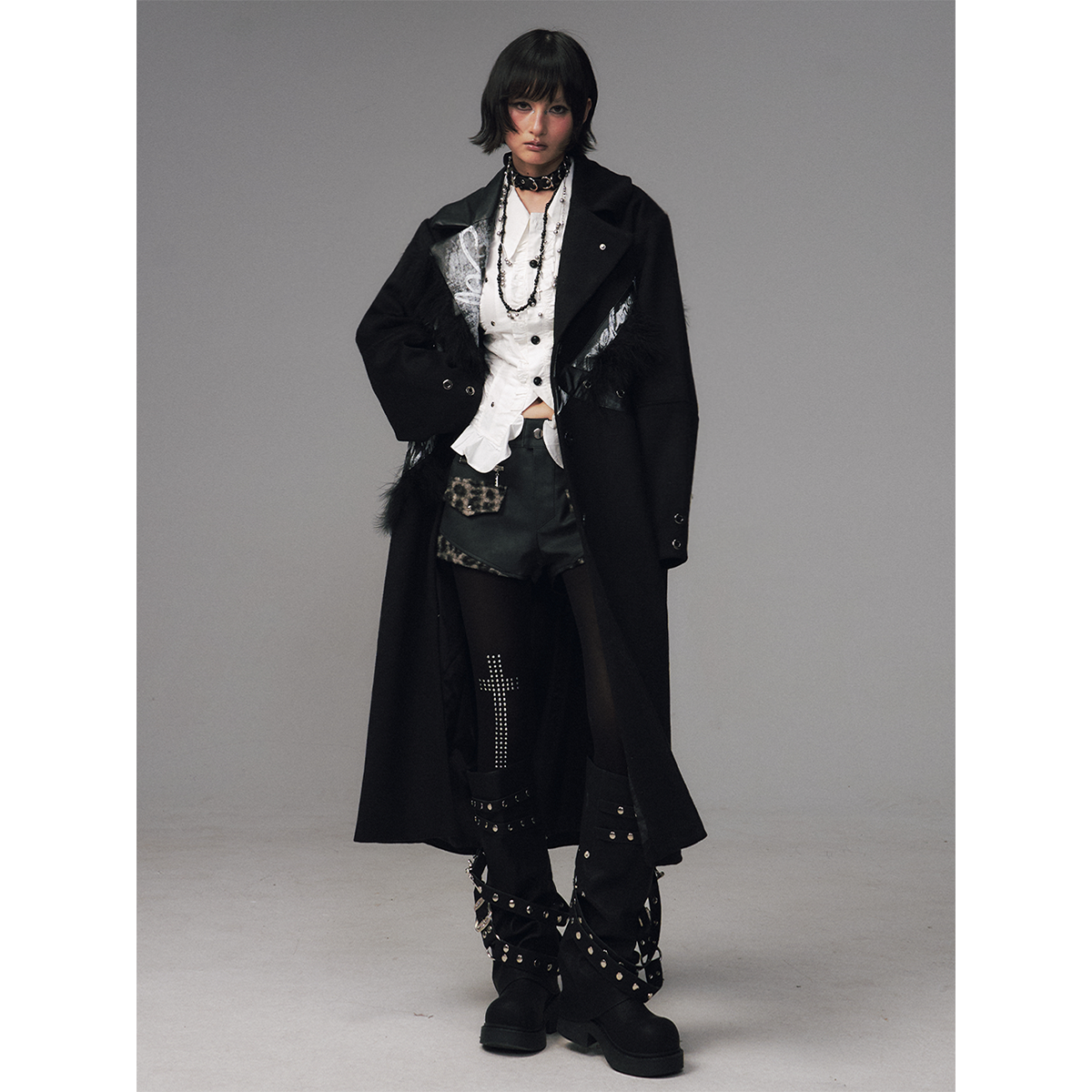 失落后花园朋克摇滚重工印花拼接长款宽松廓形羊毛呢大衣秋冬外套