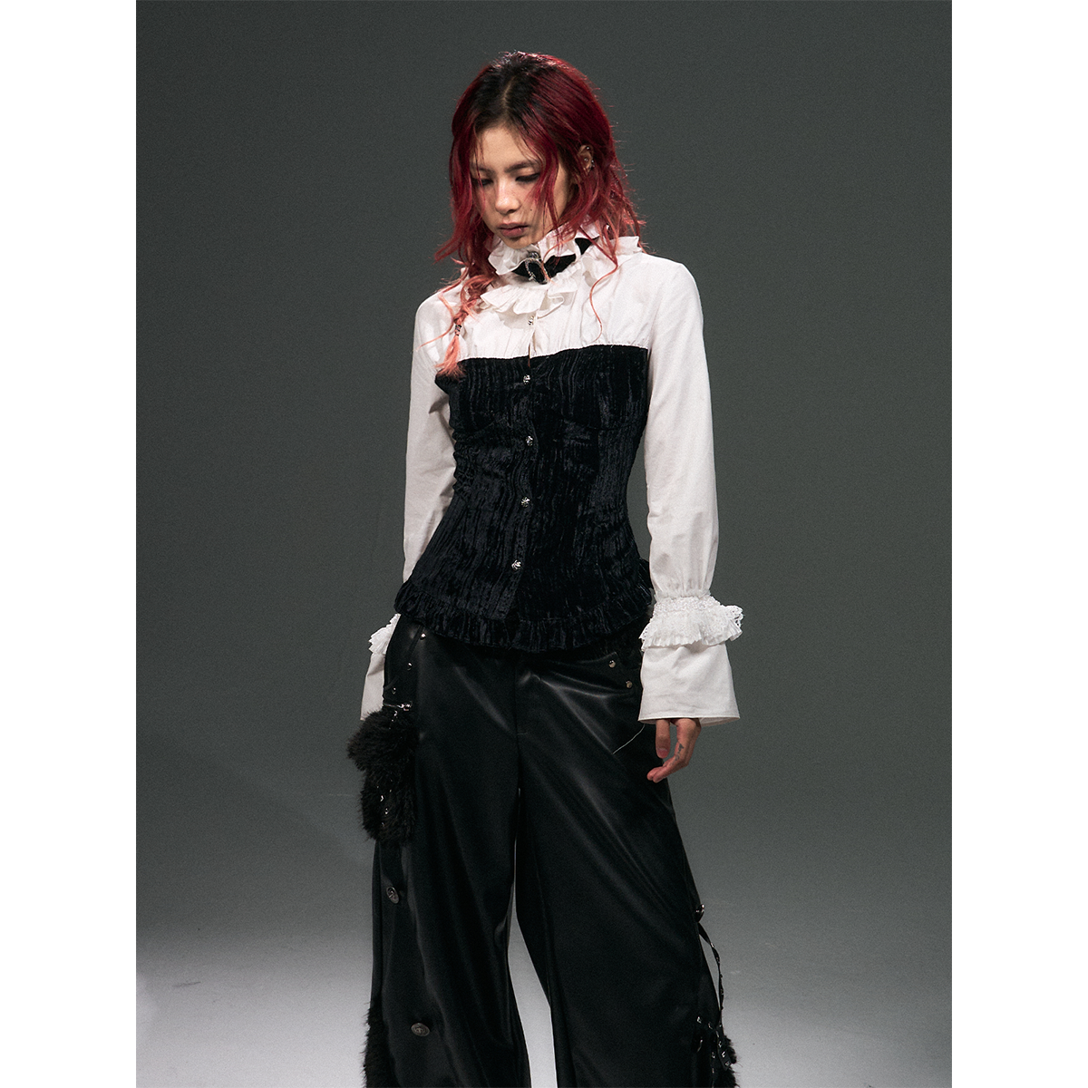 失落后花园复古朋克宫廷风修身绑带上衣拼接花边喇叭袖丝绒衬衫女