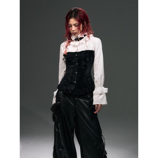 失落后花园复古朋克宫廷风修身绑带上衣拼接花边喇叭袖丝绒衬衫女