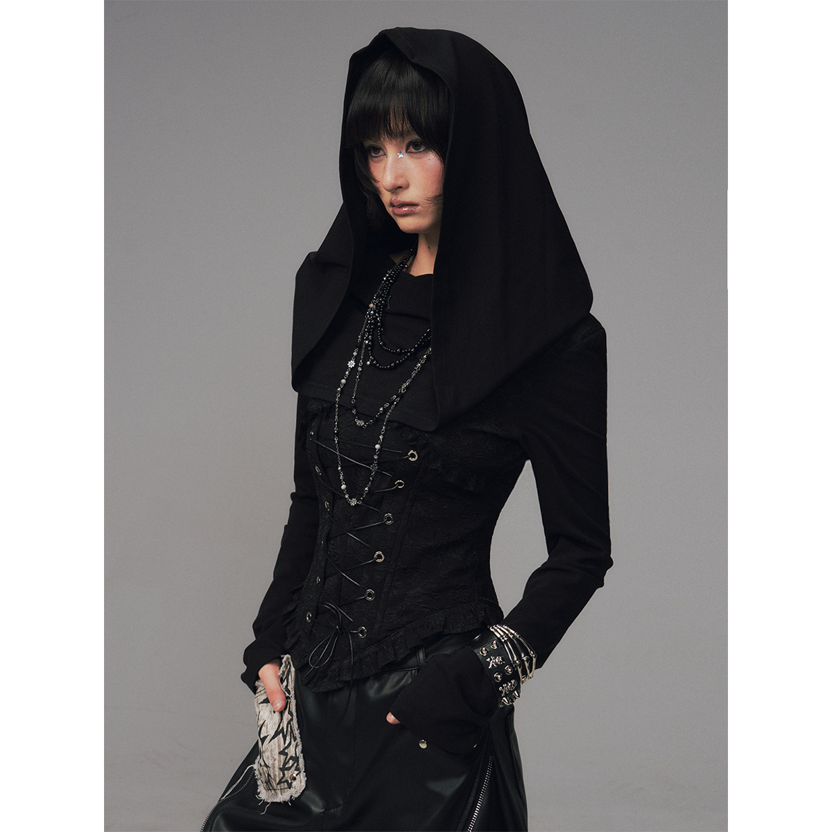 失落后花园 荡领连帽多穿法拼接提花长袖收腰鱼骨针织衫女打底衫