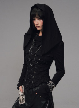 失落后花园 荡领连帽多穿法拼接提花长袖收腰鱼骨针织衫女打底衫