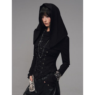 女打底衫 收腰鱼骨针织衫 荡领连帽多穿法拼接提花长袖 失落后花园