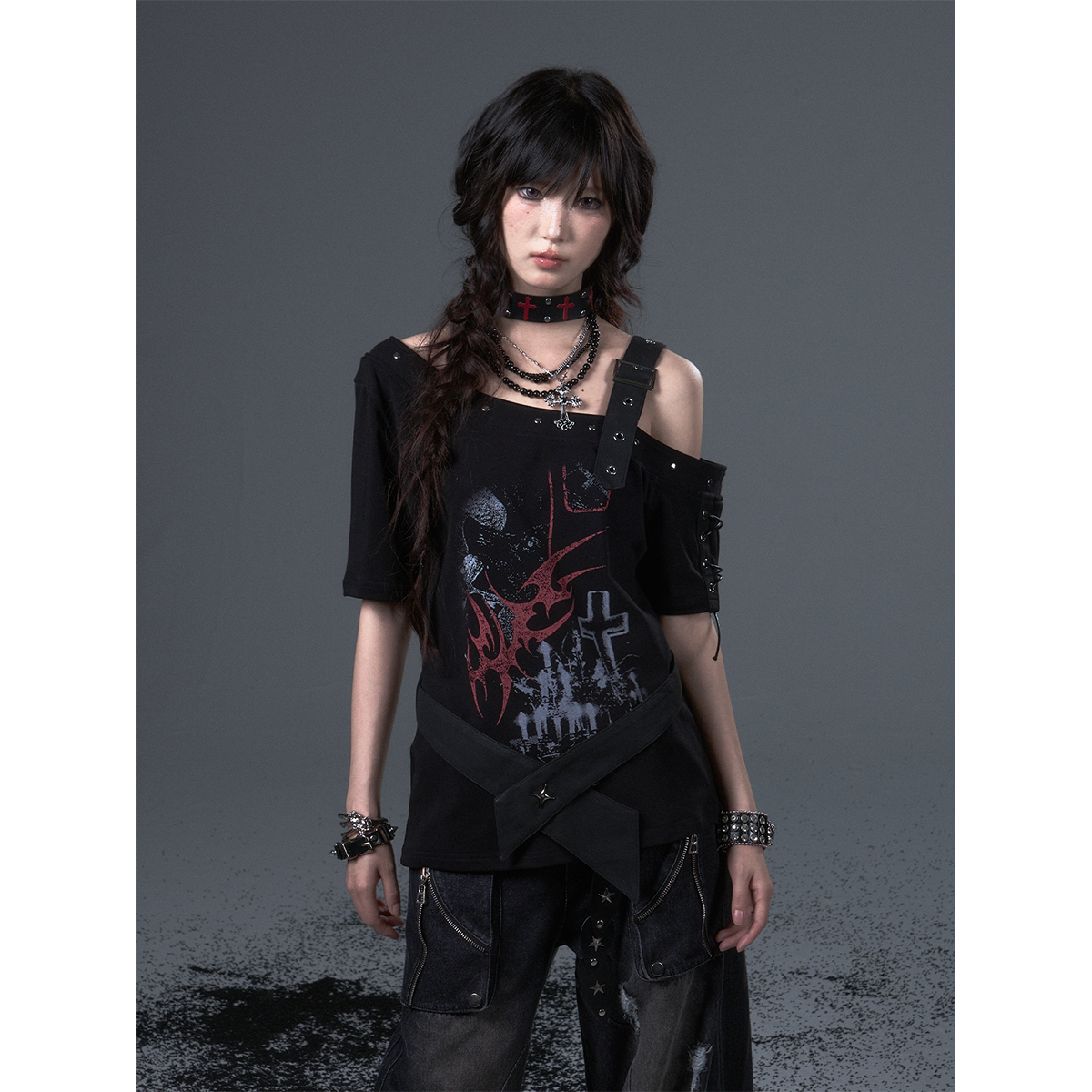 失落后花园街头朋克轻亚印花落肩绑带腰带拼接宽松短袖t恤上衣女