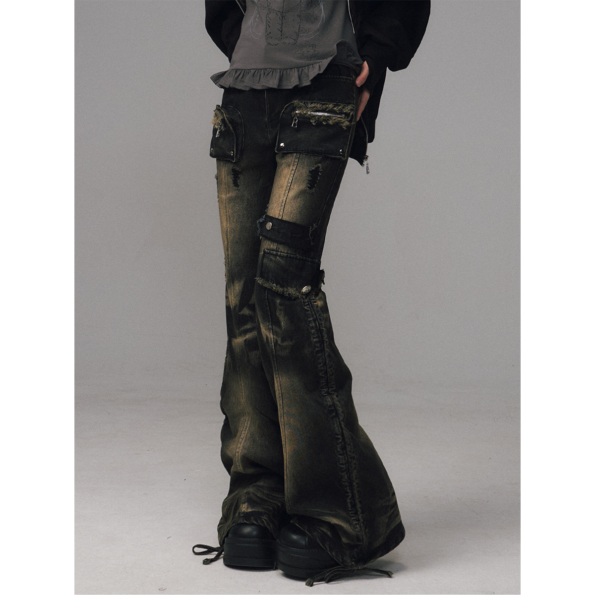 失落后花园朋克复古水洗抽绳毛边立体口袋显瘦喇叭长裤牛仔微喇裤