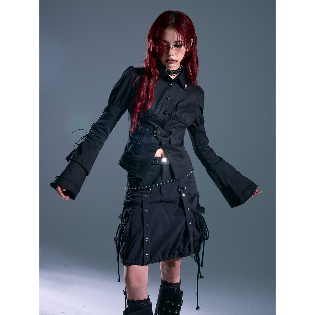 失落后花园暗黑哥特宫廷绑带泡泡喇叭袖收腰修身腰带长袖衬衫上衣