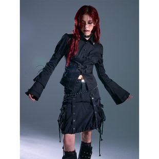 失落后花园暗黑哥特宫廷绑带泡泡喇叭袖收腰修身腰带长袖衬衫上衣