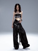 失落后花园原创朋克垂感休闲长裤 V型高腰印花涂鸦腰带黑色皮裤 女