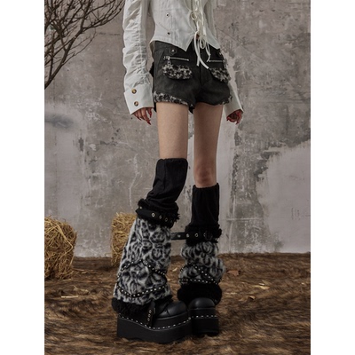 失落后花园原创轻亚朋克y2k拼接豹纹铆钉秋冬堆堆毛毛腿套袜套女