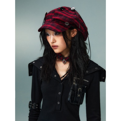 失落后花园朋克摇滚手作纽扣挂绳复古红格纹八角报童帽云朵贝雷帽