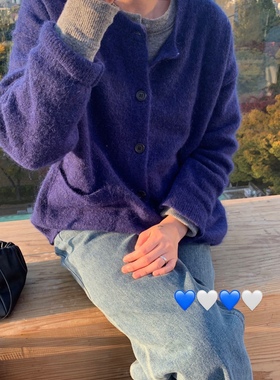 韩国韩代Ribbonbit  同款蓝色/灰色开衫毛衣