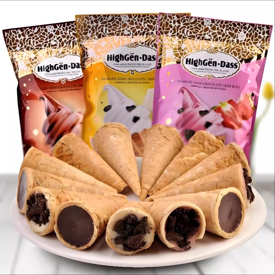 Highgen-Dass巧克力蛋甜筒冰淇淋蛋卷椰奶豆乳味零食独立装300克