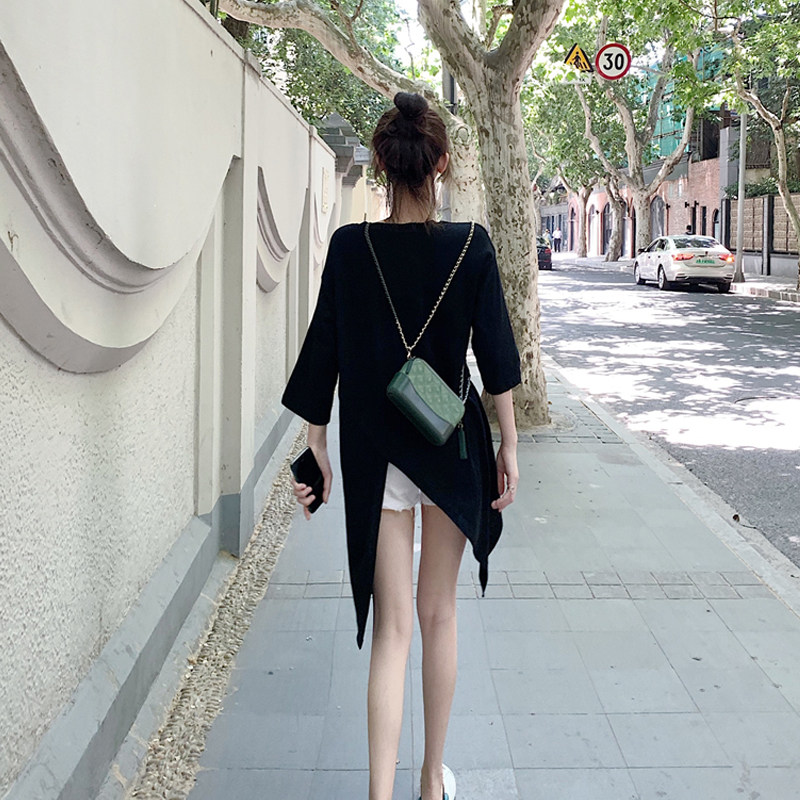 夏季2026新款韩版百搭黑色中长款上衣网红不规则T恤女宽松体恤潮