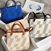 裴格H家全手缝Biais27女包swift皮拼棉麻帆布购物袋猪鼻子女包