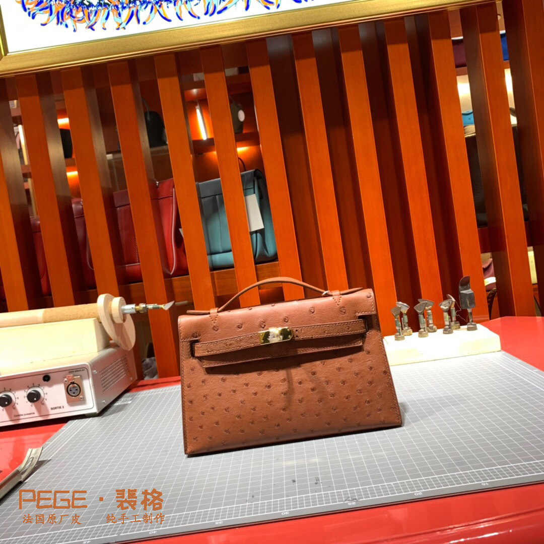 裴格H家全手缝mini一代凯莉包空姐包原版南非鸵鸟皮22cm晚宴包