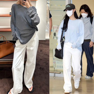 THE直筒超好看的加绒白色牛仔拖地长裤子女款高腰2025新爆款薄绒