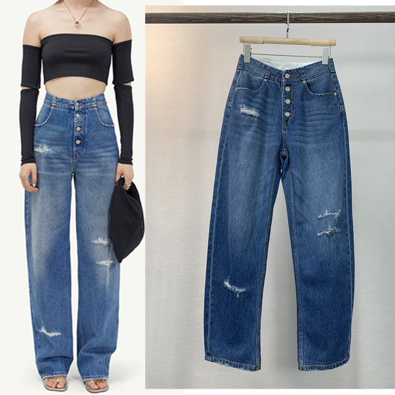 MM6高腰显瘦破洞直筒牛仔裤女阔腿宽松垂感拖地长裤百搭2025秋季