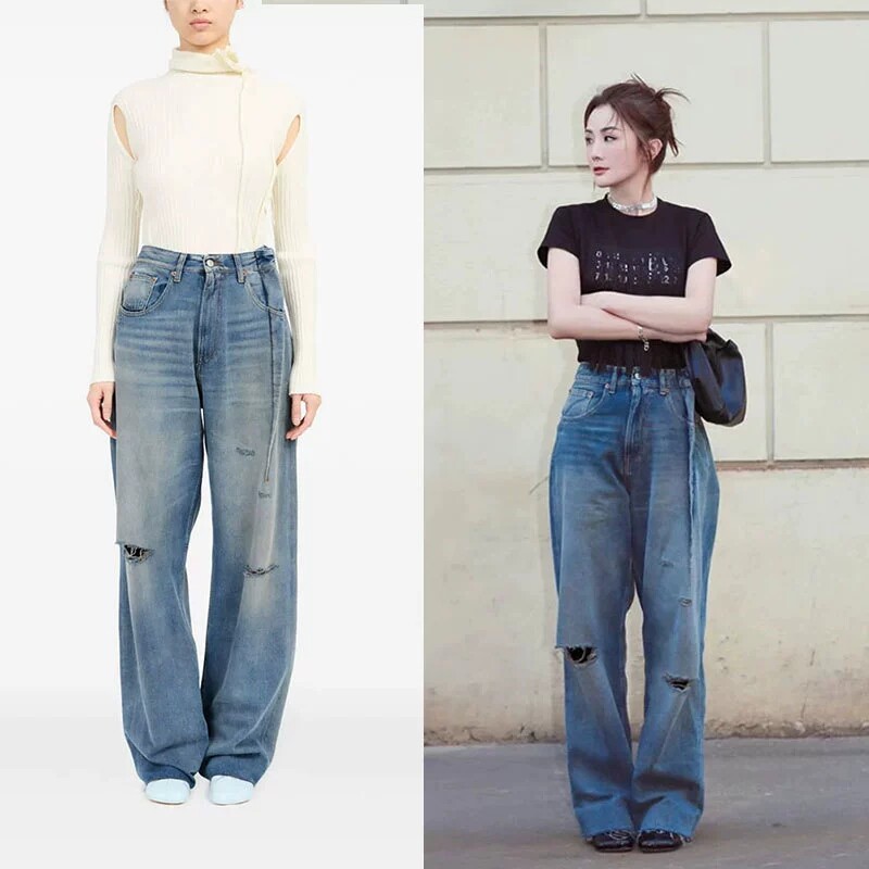 高质量巨好看的破洞毛边阔腿长裤