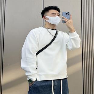 潮流宽松打底衫 春秋新款 假两件拼接韩版 纯色圆领卫衣男士 潮 基础款