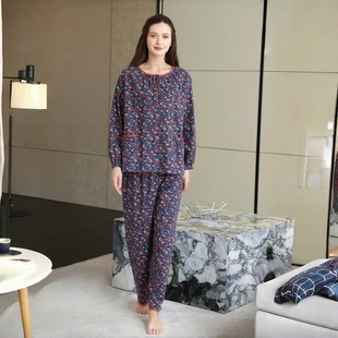 女士長袖 梭織純棉印花圓領優雅睡衣家居服4345 新款 麥可將2025秋季