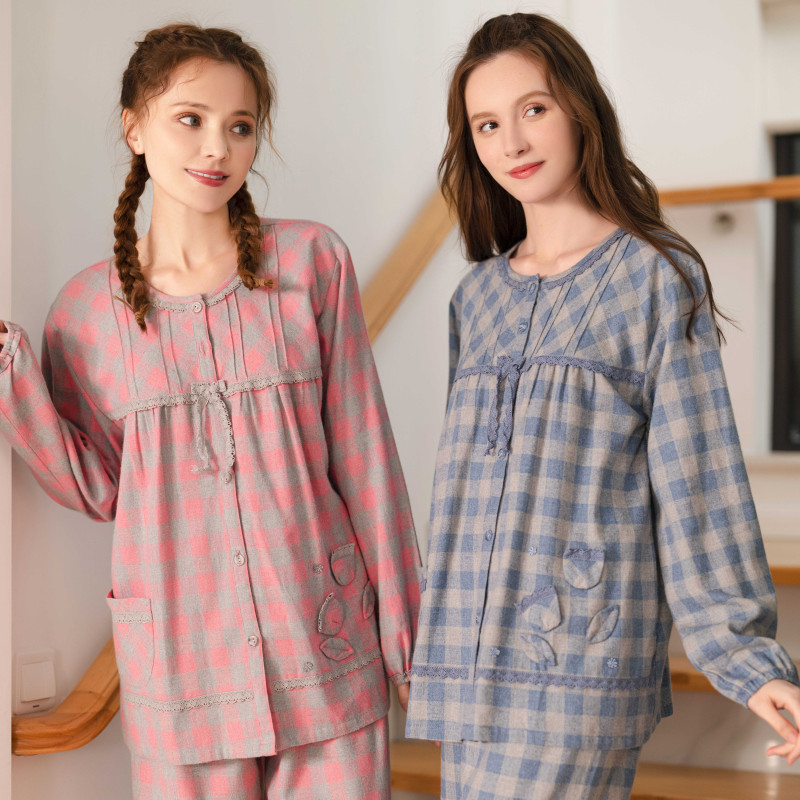 麦可将睡衣女春秋梭织纯棉磨毛长袖格子全棉家居服套装可外穿4499