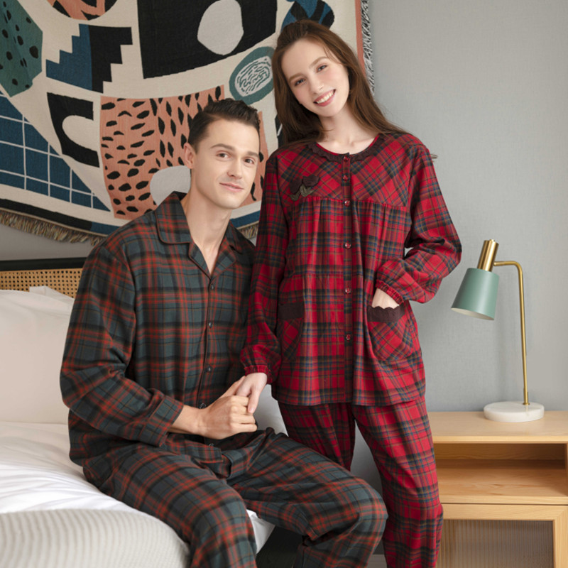 情侣全棉梭织格子对襟长袖长裤