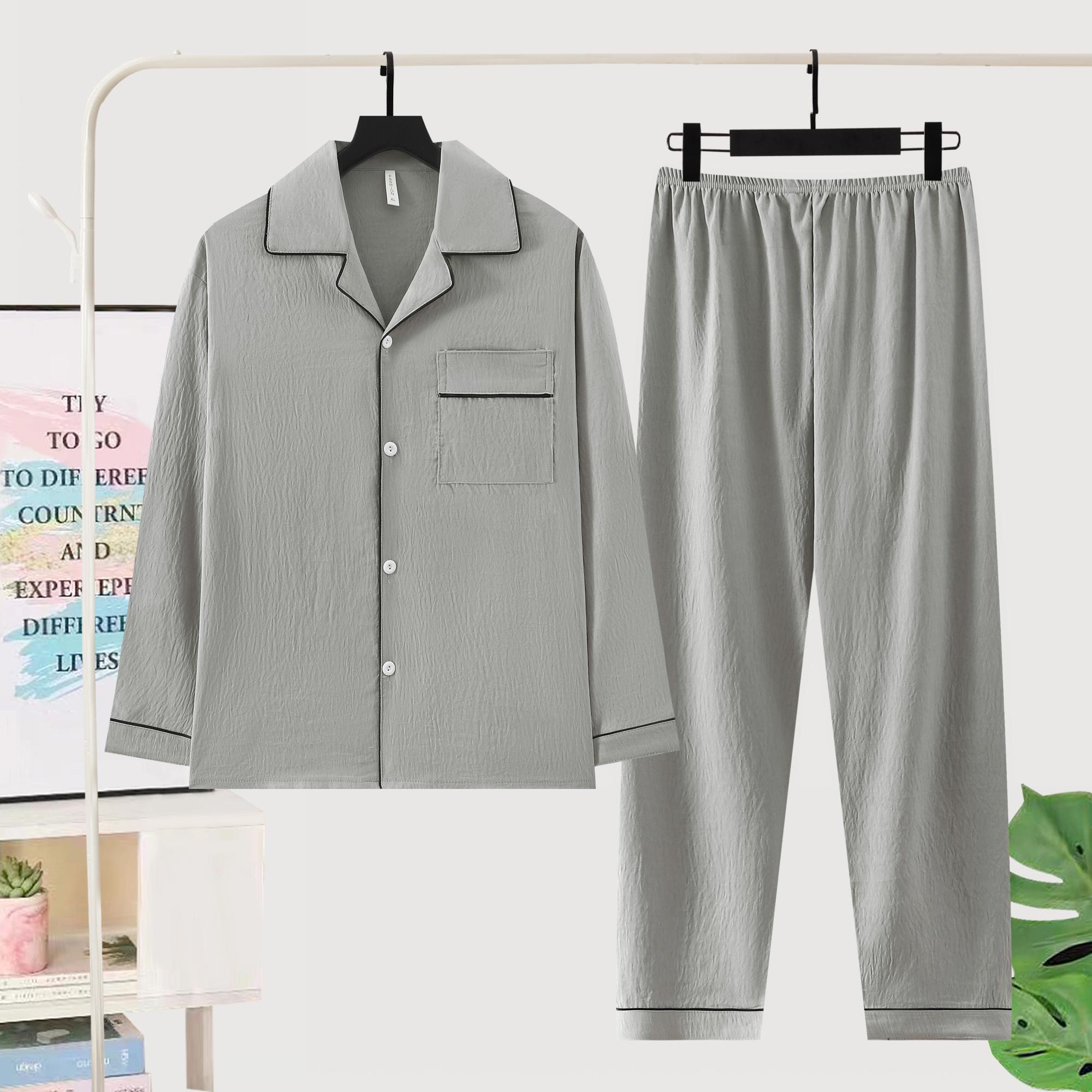 男士春秋新款翻领开衫长袖睡衣