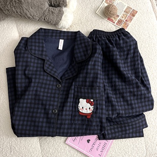 可爱卡通休闲家居服套装 时尚 长袖 格子睡衣女春秋季 云朵棉翻领开衫