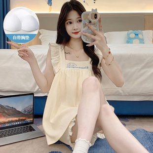 夏季 云朵棉小飞袖 吊带带胸垫睡衣女网红卡通纯色甜美风家居服套装