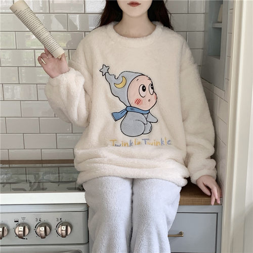 秋冬卡通可爱加绒保暖女睡衣套装