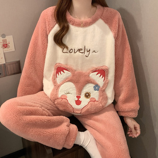童趣风卡通法兰绒保暖睡衣女毛茸茸2025新款秋冬珊瑚绒家居服套装
