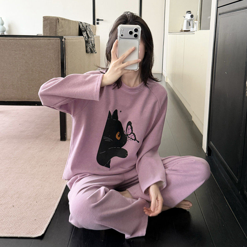 带胸垫睡衣女秋冬季新款保暖羊绒可爱卡通学生休闲简约家居服套装