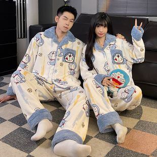 搞怪卡通法兰绒情侣睡衣女冬可爱卡通男士休闲开衫保暖家居服套装