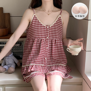 2025新款 性感甜美睡衣女夏季 云朵棉V领吊带带胸垫休闲家居服套装