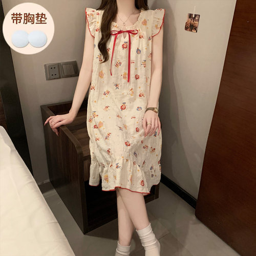 夏季云朵棉带胸垫甜美小飞袖睡裙
