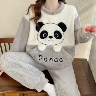 2025秋冬新款 套头加厚保暖法兰绒睡衣女卡通可爱珊瑚绒家居服套装