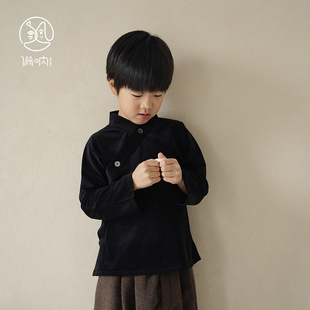 满呐2025秋冬中式汉服上衣男童斜襟黑色衬衫