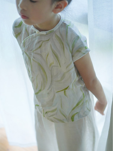 满呐夏季新品原创设计女童传统月牙袖苎麻旗袍上衣