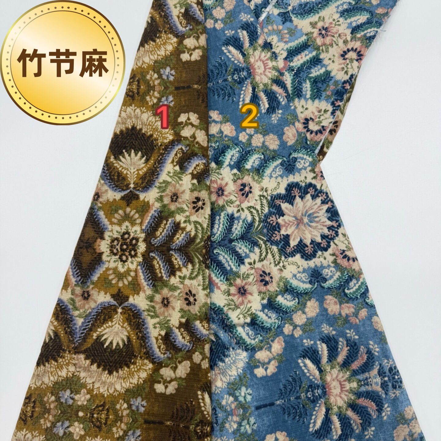 竹节麻定位民族风格透气印花面料连衣裙衬衫秋季套装外贸服装布料