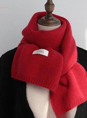 红色过年针织围巾女冬季高级感2025新款保暖男款情侣羊绒毛线围脖