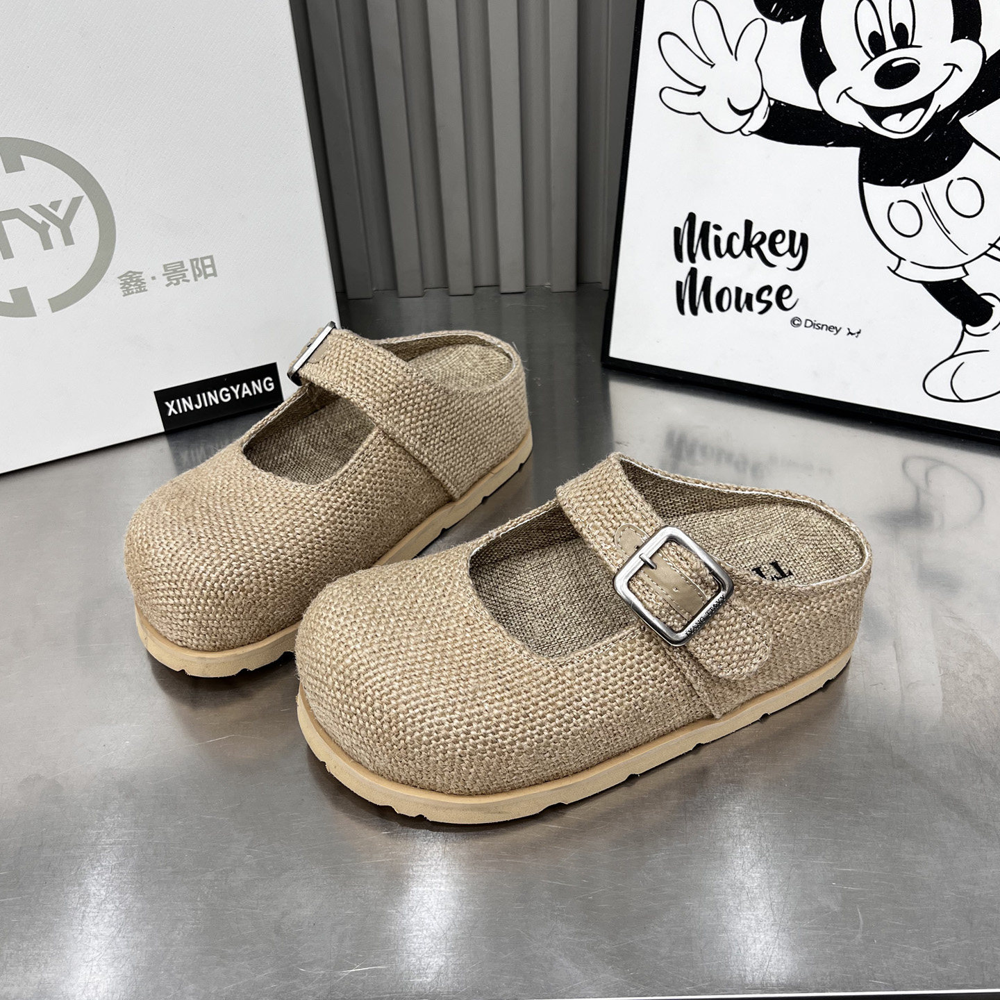 2026夏新款休闲风亚麻编织包头半拖鞋女一字扣厚底舒适懒人穆勒鞋