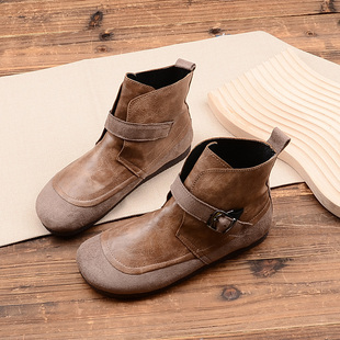 森女文艺复古绒面圆头平底女靴加绒高帮低跟短靴皮带扣百搭马丁靴