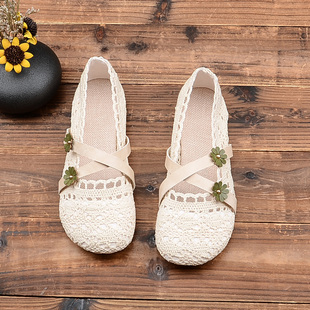 新款 网布渔夫鞋 包头凉鞋 透气女鞋 女森女文艺复古浅口软底单鞋 夏季