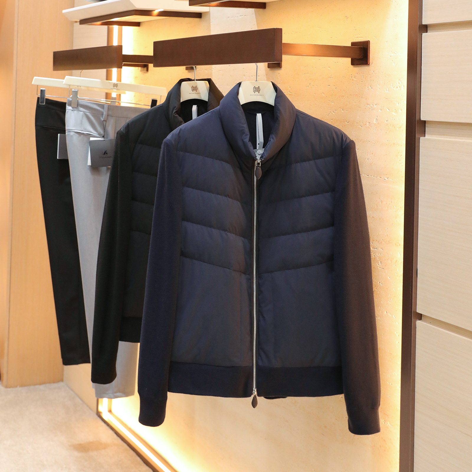 2025秋冬季男士老钱风轻薄针织拼接袖立领90白鹅绒夹克羽绒服1671