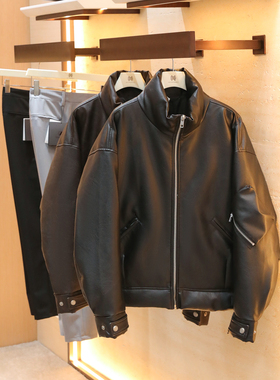 2025冬季新款男士高端复古油蜡PU机车立领加厚保暖皮衣羽绒服1614