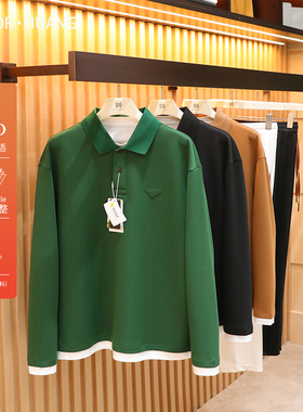 意式奢华2025秋季新款男士叠穿T恤撞色拼接假两件长袖POLO衫1398